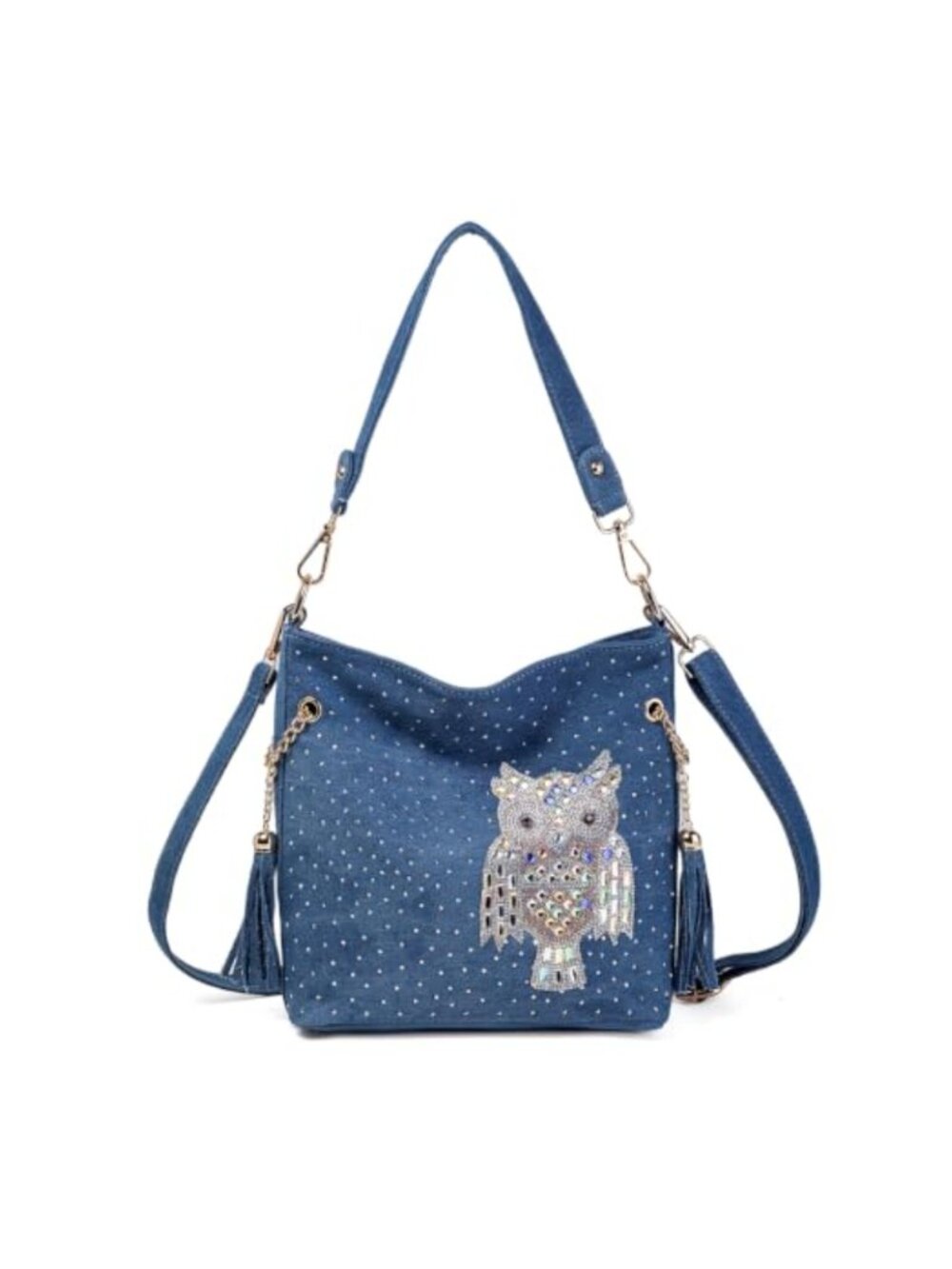 Denim Satchel Handbag with Rhinestones Detachable Strap Women's Shoulder Bag